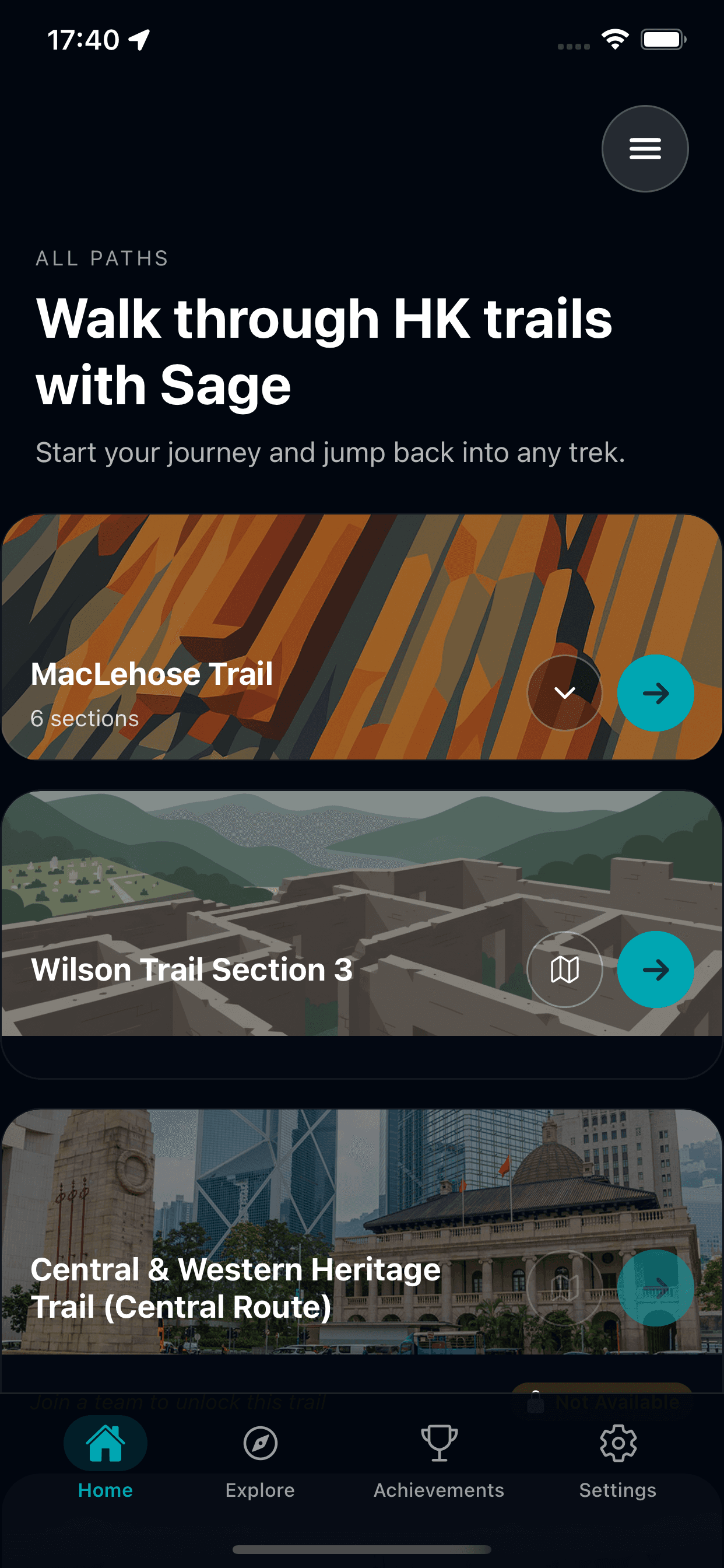 Trail selection screen showing MacLehose and Wilson Trails